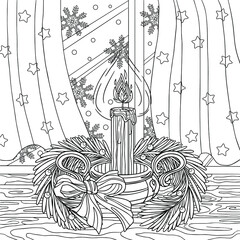 Christmas mood. Candle with christmas decoration near window. Coloring book page for adult. Outline illustration with doodle and zentangle elements.