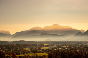 Silhouette of mountains chain in the evening, Austria