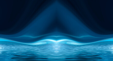 Abstract blue background with smooth lines and rays. Neon liquid, water overflows, waves.