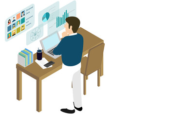 あごに手をあてて仕事のことを考える男性　アイソメトリック