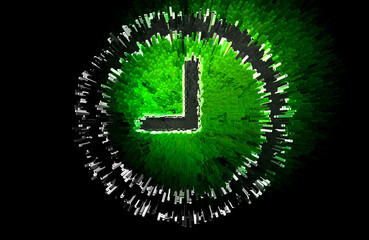 An icon of a clock with a green glow and an abstract decay effect. Expiration, Deadline, Biological Clock and Overshoot Day symbol. 3d illustration