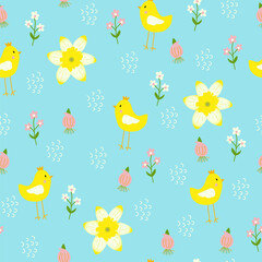 Bright daffodils, flowers, and chicken seamless pattern print on a blue background