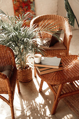 Warm and classy hotel room there are bamboo chairs with pillows and table with coffee cup and books around plant in sunshine.