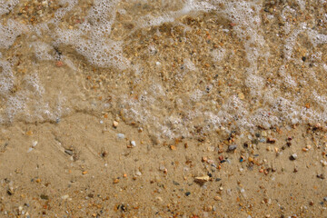 Fototapeta na wymiar White foam bubbles on the seashore on a bright sunny day. Sea wave. Rest at the sea.