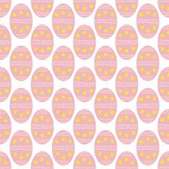 Seamless pattern of pink easter eggs with flowers on a white background.