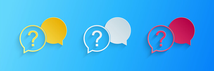 Paper cut Chat question icon isolated on blue background. Help speech bubble symbol. FAQ sign. Question mark sign. Paper art style. Vector.