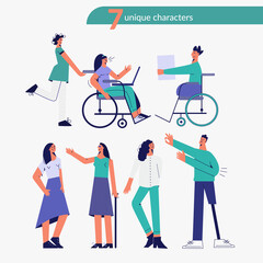 Fototapeta na wymiar Set of disabled character. Happy handicapped people flat vector illustration. Group of youth with disability, handicap friends. Care and support on trendy drawing isolated white for poster, card, web