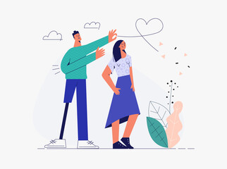 Handicapped people flat vector illustration. Disabled persons, couple of in love character with disability, portrait special man, handicap friends. Simple trendy drawing isolated on white background