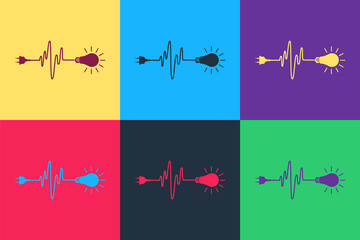 Pop art Wire plug and light bulb icon isolated on color background. Plug, lamp and cord in the form of heartbeat. Concept of Electricity and lighting. Vector.