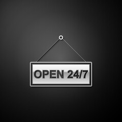 Silver Hanging sign with text Open 24-7 hours icon isolated on black background. Business theme for cafe or restaurant, club and bar. Long shadow style. Vector.