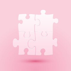 Paper cut Piece of puzzle icon isolated on pink background. Business, marketing, finance, template, layout, infographics, internet concept. Paper art style. Vector.