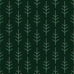 Seamless pattern of a forest of modern Christmas trees on a dark winter green background.