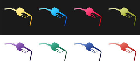 Set Gasoline pump nozzle icon isolated on black and white background. Fuel pump petrol station. Refuel service sign. Gas station icon. Vector.