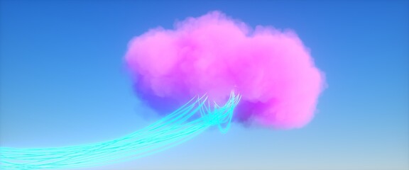 Glowing neon wires hanging in a pink fluffy cloud against blue sky. Creative futuristic wallpaper with aesthetics of vaporwave style of 80's. Photorealistic 3D illustration. Synthwave concept.