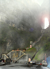 Hunan, China - Dec 2011 : The Heaven's Gate, National Park Zhangjiajie. "Tianmen Paradise" is the meaning of the Chinese characters on stone.