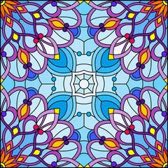 Behang Illustration in the stained glass style with an abstract flower arrangement on a blue background, square image © Zagory