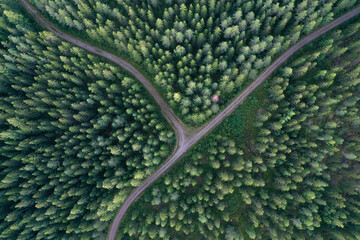 Aerial view of crossroads in a forest in Finland