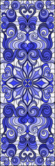 Illustration in stained glass style with abstract flowers, swirls and leaves  on a light background,vertical orientation, tone blue