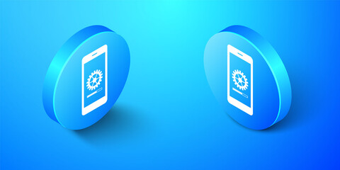 Isometric Smartphone update process with gearbox progress and loading bar icon isolated on blue background. System software update and upgrade concept. Blue circle button. Vector.