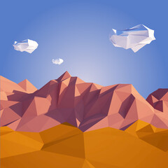 Low poly desert illustration in paper art style with low poly sky