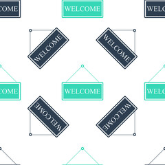 Green Hanging sign with text Welcome icon isolated seamless pattern on white background. Business theme for cafe or restaurant. Vector.