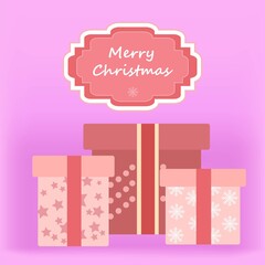 Merry Christmas and Happy New Year soft realistic pink greeting card with gifts and red frame with greeting text.