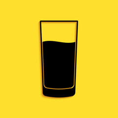 Black Glass with water icon isolated on yellow background. Soda glass. Long shadow style. Vector.