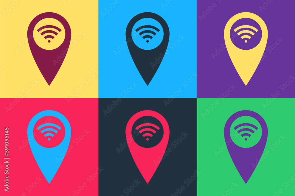 Poster pop art pointer map with wifi internet signal connection icon isolated on color background. vector.