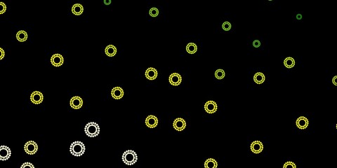 Dark green, yellow vector background with covid-19 symbols.