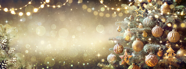 Vintage Christmas Tree With Retro Ornament And Golden Shiny Glitter In The Defocused Background