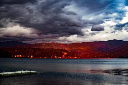 Hayden Lake Sunset in the Fall with cloud filled sky, clear reflections