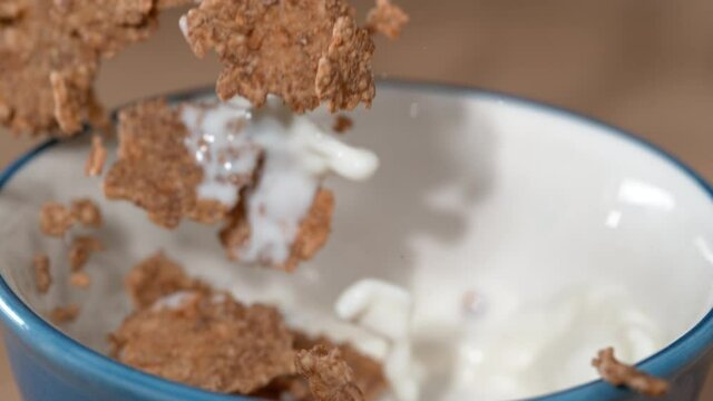 SLOW MOTION, MACRO, DOF: Cold milk and whole wheat breakfast cereal fall into an empty bowl. Fresh raw milk and organic granola are poured into a bowl and combined for healthy and nutritious breakfast