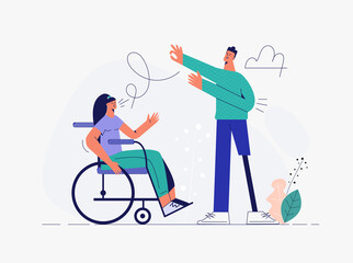 Disabled people communicate concept. Happy handicapped couple flat vector illustration, young character with disability, portrait of special man. Modern drawing isolated on white background for poster