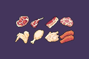 Pixel art raw meat icons containing pork, lamb, beef, salmon, chicken and bacon created in 32x32 resolution