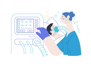 Obraz premium Medical insurance illustration- mechanical ventilation -modern flat vector concept digital illustration - ventilator medical machine equipment for tracheostomy - patient breathing in operating room