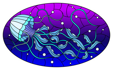 Illustration in stained glass style with abstract blue jellyfish against a sea and bubbles background, oval image