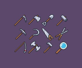 Pixel Art Tool Icons containing axe, shovel, hammer, sickle, scythe, hoe, fishing rod and similar items created in 32x32 resolution.
