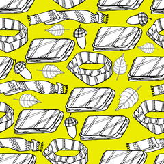 Pattern with autumn clothes, coat, scarf, socks, umbrella, acorn, chestnut, hat, plaid. Autumn set. Coloring book for children and adults, wallpaper, textiles, packaging. Isolate. stock graphics