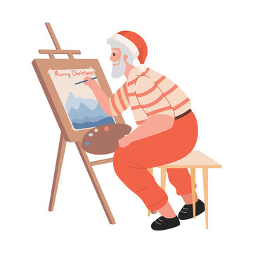 Santa Claus drawing Happy New Year and Merry Christmas greeting card on easel. Santa Claus painting a picture vector flat illustration isolated on white background. Happy Christmas holidays concept.