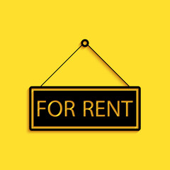 Black Hanging sign with text For rent icon isolated on yellow background. Long shadow style. Vector.