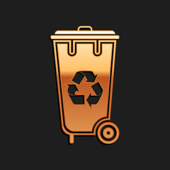 Gold Recycle bin with recycle symbol icon isolated on black background. Trash can icon. Garbage bin sign. Recycle basket icon. Long shadow style. Vector.