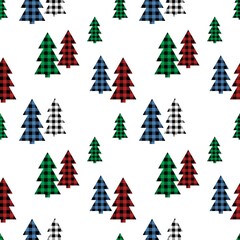 Christmas seamless pattern trees with Buffalo plaid ornament in red, green, blue and black. Tartan plaid for festive fir background. Design for wrapping, textile, wallpaper.  Vector flat illustration.