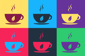 Pop art Cup of tea and leaf icon isolated on color background. Vector.