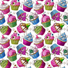 Hand drawn seamless pattern (texture) with cupcakes for Halloween