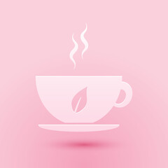 Paper cut Cup of tea and leaf icon isolated on pink background. Paper art style. Vector.