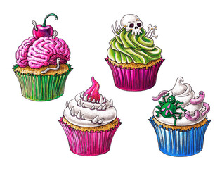 Hand-drawn set of Halloween sweet food (cupcakes) on white background