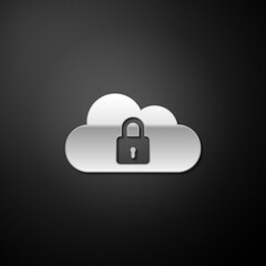 Silver Cloud computing lock icon isolated on black background. Security, safety, protection concept. Long shadow style. Vector.