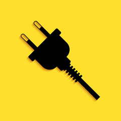 Black Electric plug icon isolated on yellow background. Concept of connection and disconnection of the electricity. Long shadow style. Vector.