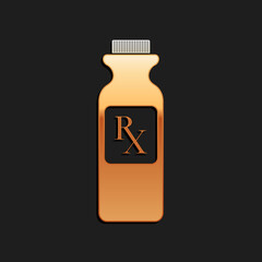 Gold Pill bottle with Rx sign and pills icon isolated on black background. Pharmacy design. Rx as a prescription symbol on drug medicine bottle. Long shadow style. Vector.