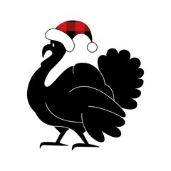 Hand drawn silhouette of turkey with santa hat buffalo plaid, outline, silhouette isolated on white. Happy Thanksgiving . Harvest season. Vector doodle illustration. Design for print, logo, card